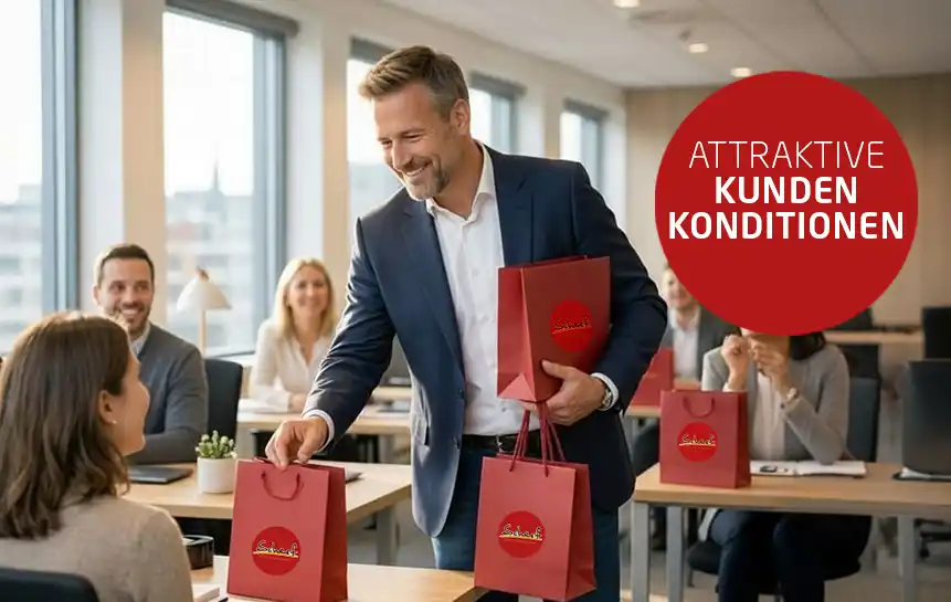 Das Bild zeigt einen Geschäftsführer der seinen Mitarbeitern Geschenktüten von Scherf überreicht